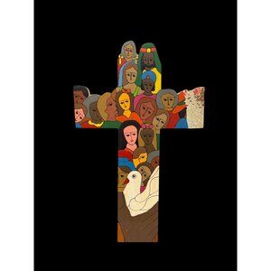 Hand-Painted Wooden Cross With Multicolored Faces & Dove Design From El Salvador